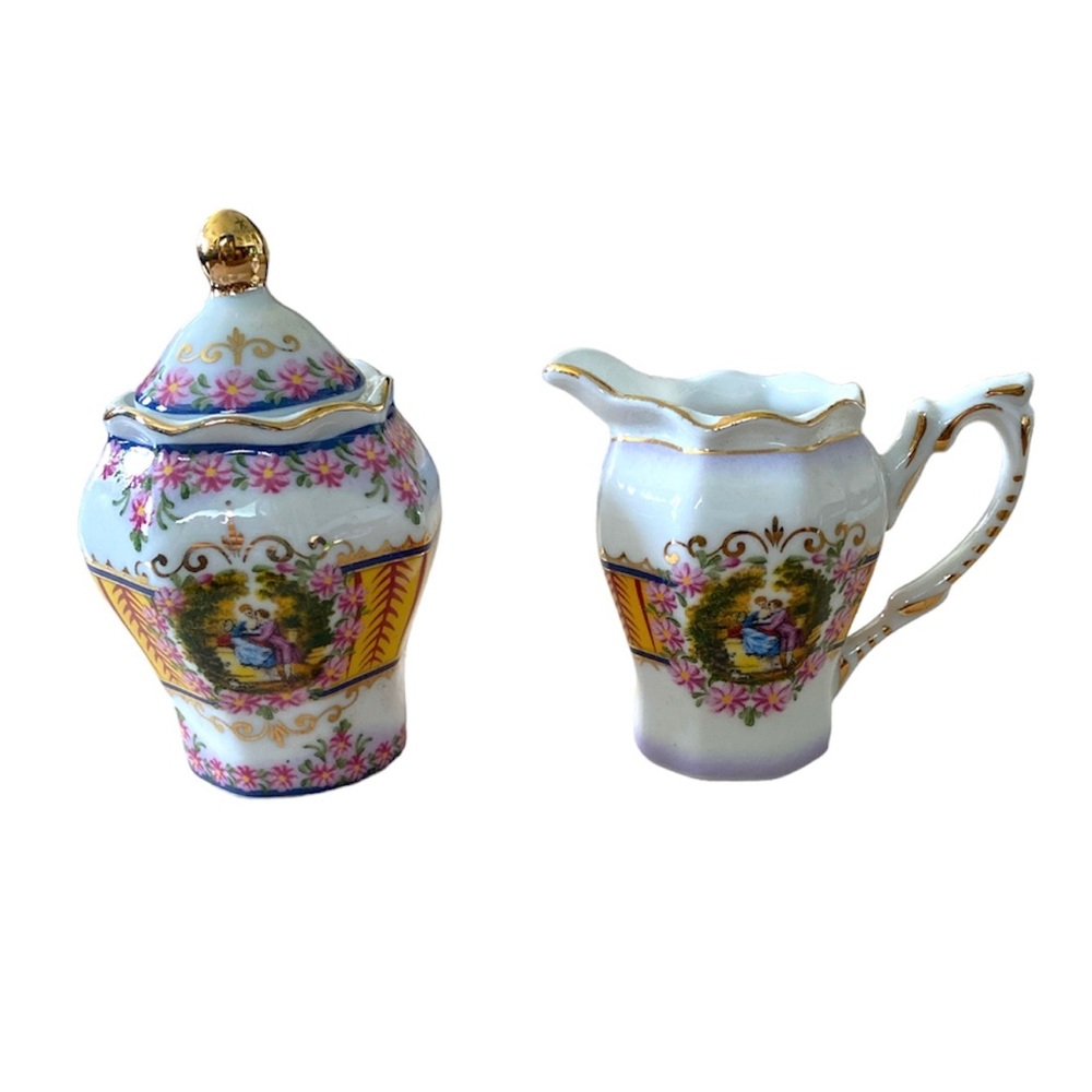 Vintage Courting Couple Lovers Scene Miniature Cream & Sugar Set Gold Tone Trim